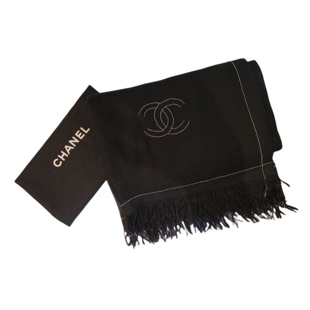 Chanel Black Thin Cashmere and Chain Scarf